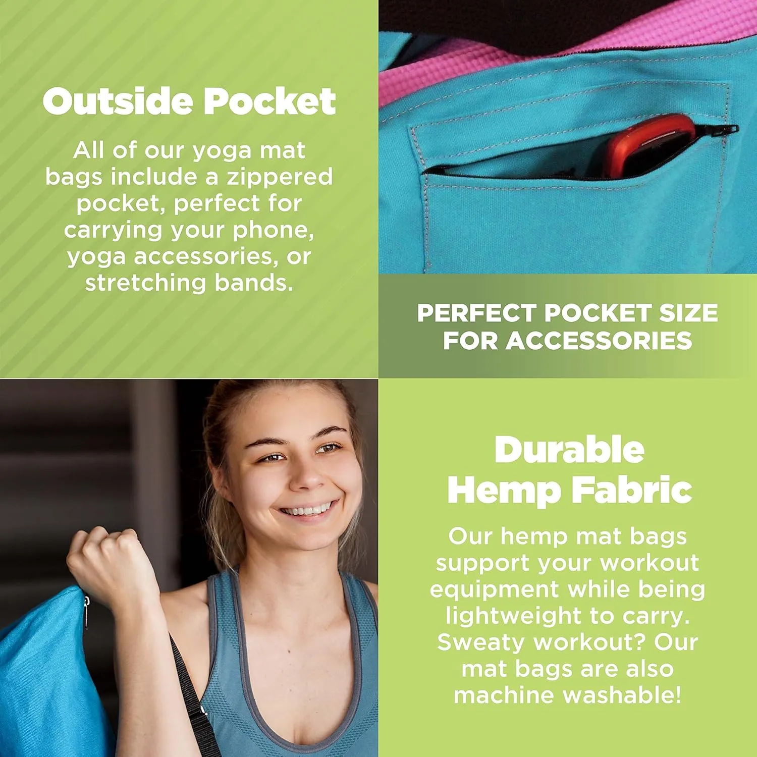 Organic Hemp Mat Bags - 8" round x 32" long - Easy Open Zipper - Extra Large - (fits Manduka   Jade) - Made in USA