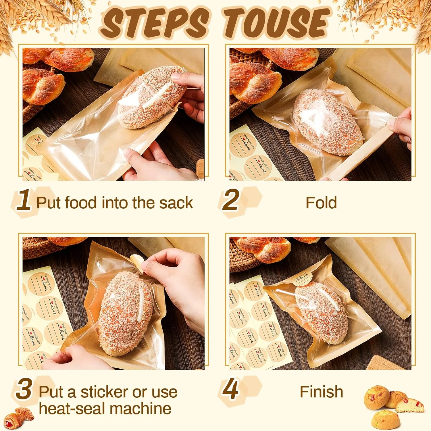 Outus 100 Pcs Heat Sealable Cookie Bags with Window Grease Resistant Kraft Bakery Pastry Bags with Paper Stickers for Packaging Donut Bread Cookie Goods Sandwich Baked Treat (5.1 x 7.5 Inch)