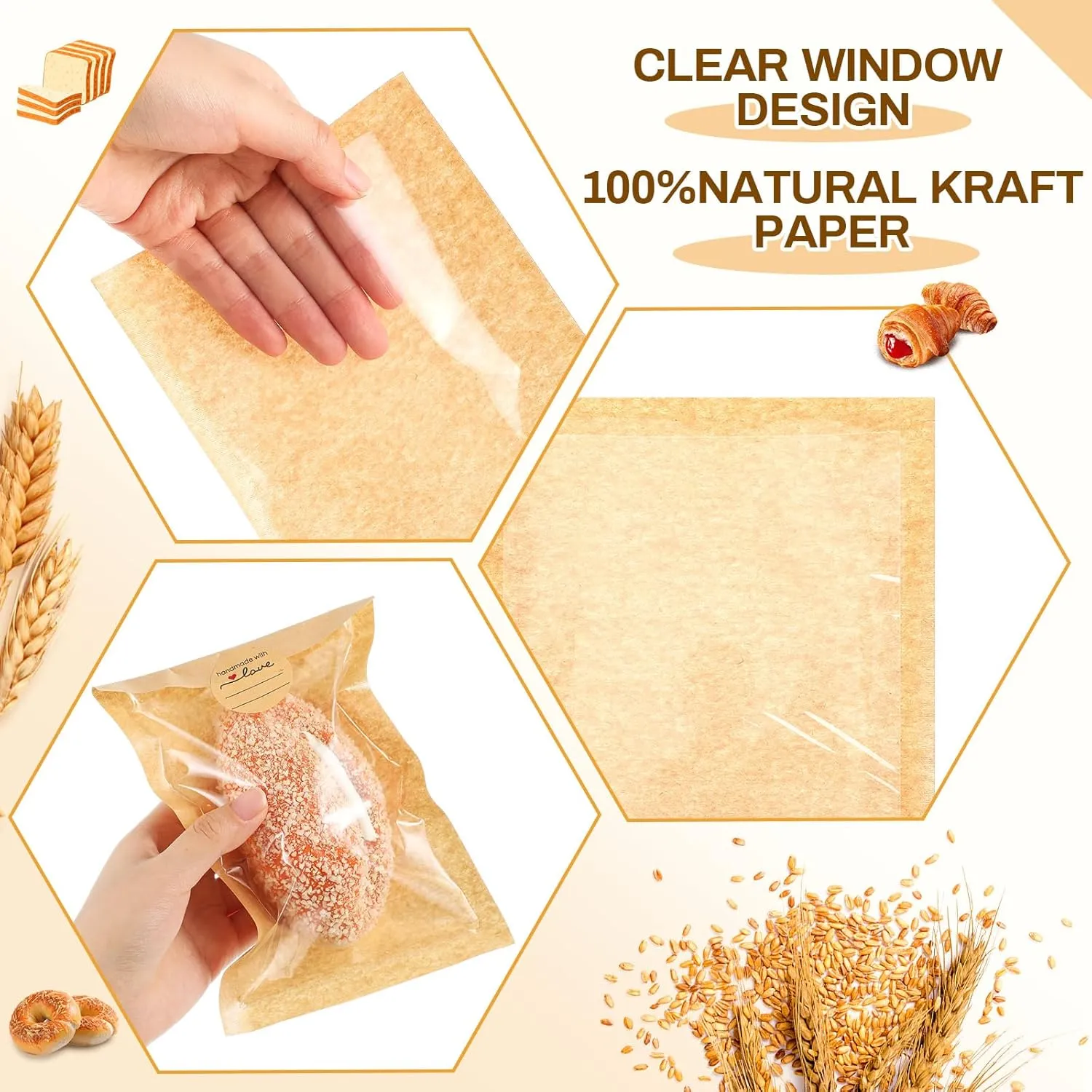 Outus 100 Pcs Heat Sealable Cookie Bags with Window Grease Resistant Kraft Bakery Pastry Bags with Paper Stickers for Packaging Donut Bread Cookie Goods Sandwich Baked Treat (5.1 x 7.5 Inch)
