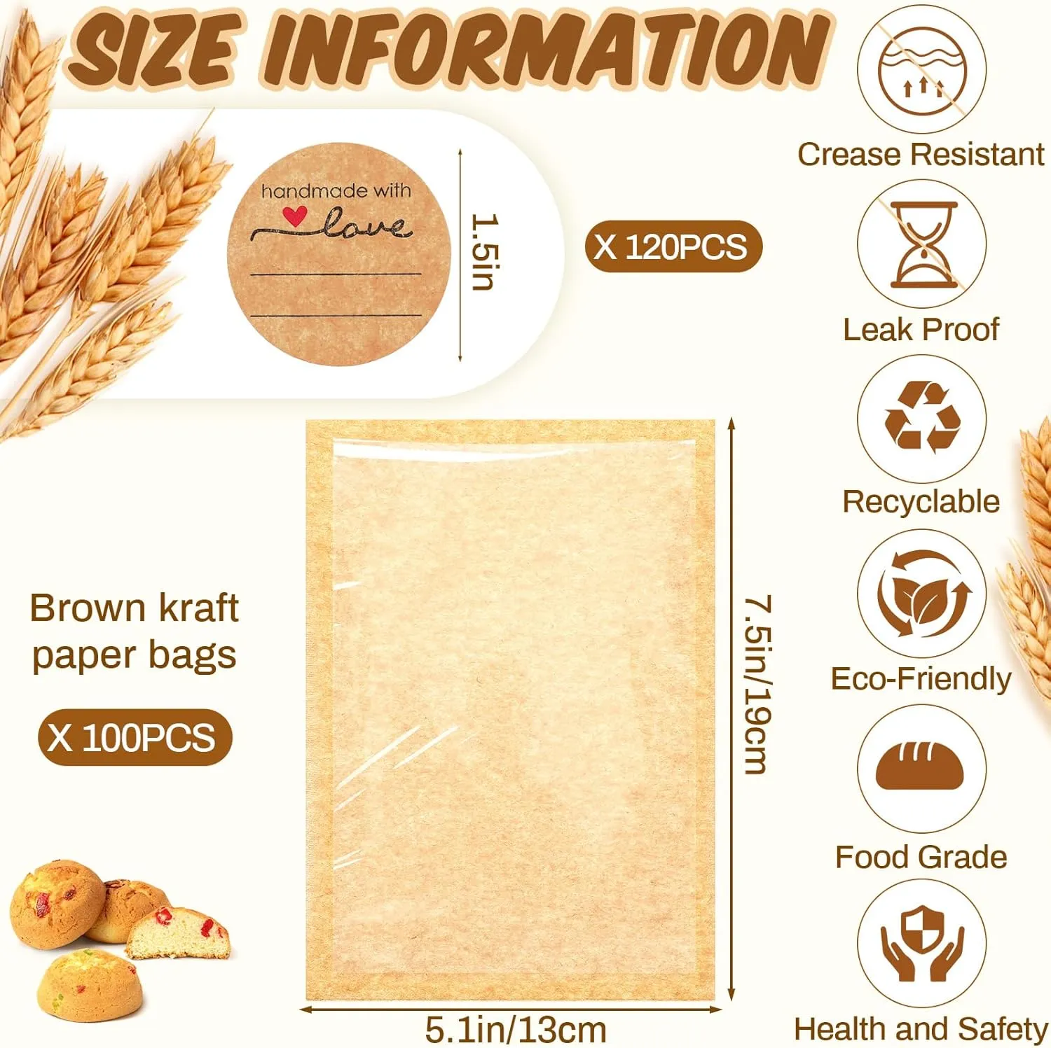 Outus 100 Pcs Heat Sealable Cookie Bags with Window Grease Resistant Kraft Bakery Pastry Bags with Paper Stickers for Packaging Donut Bread Cookie Goods Sandwich Baked Treat (5.1 x 7.5 Inch)