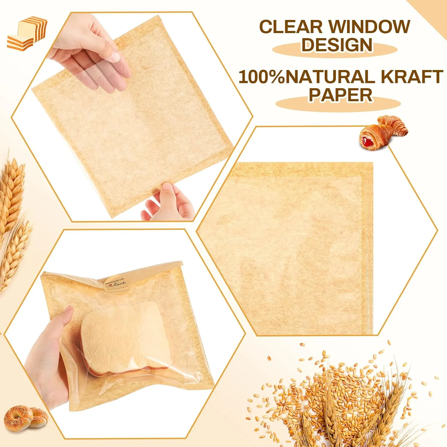 Outus 200 Pcs Heat Sealable Cookie Bags with Window Grease Resistant Kraft Bakery Pastry Bags with Paper Stickers for Packaging Donut Bread Cookie Goods Sandwich Baked Treat (7.1 x 7.5 Inch)