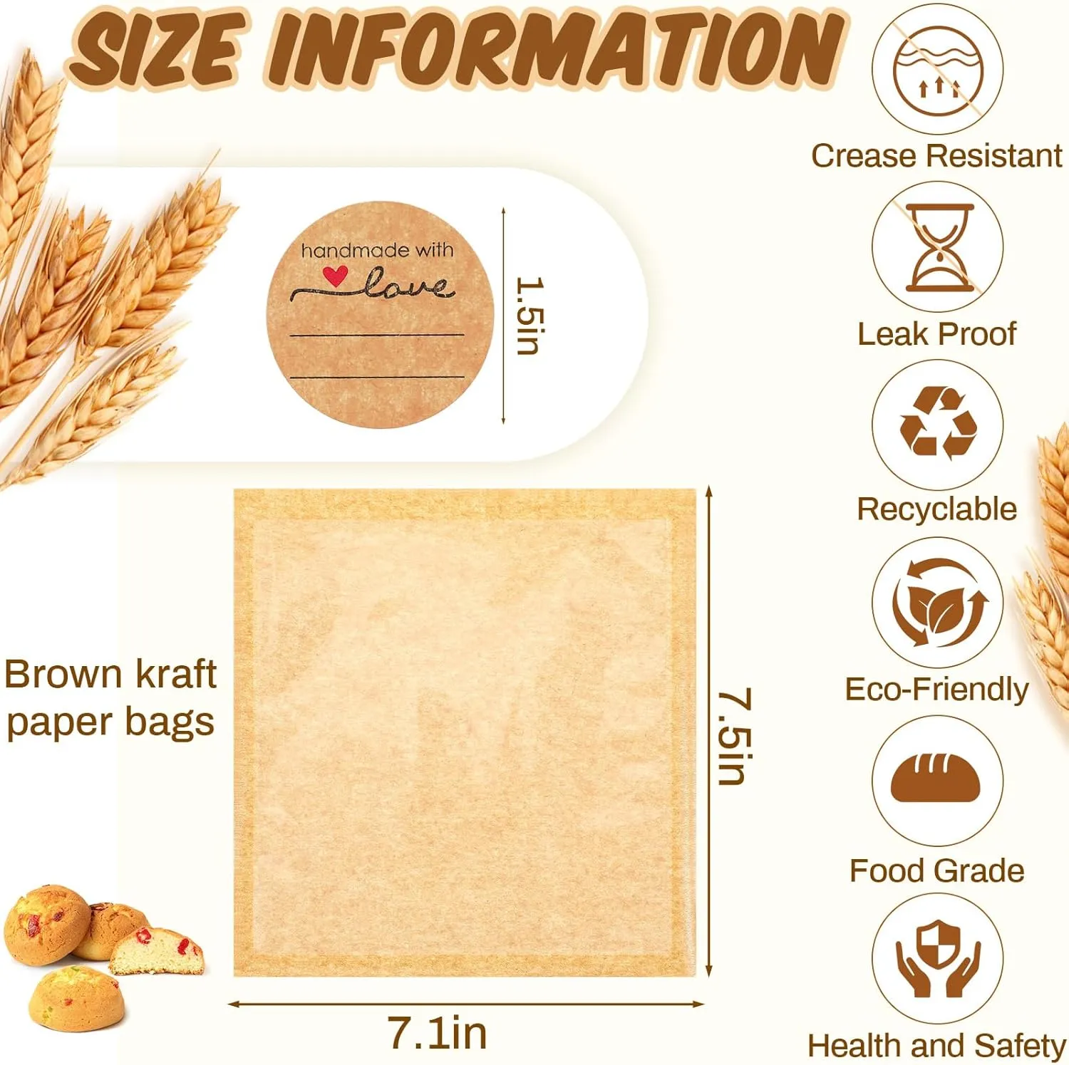 Outus 200 Pcs Heat Sealable Cookie Bags with Window Grease Resistant Kraft Bakery Pastry Bags with Paper Stickers for Packaging Donut Bread Cookie Goods Sandwich Baked Treat (7.1 x 7.5 Inch)