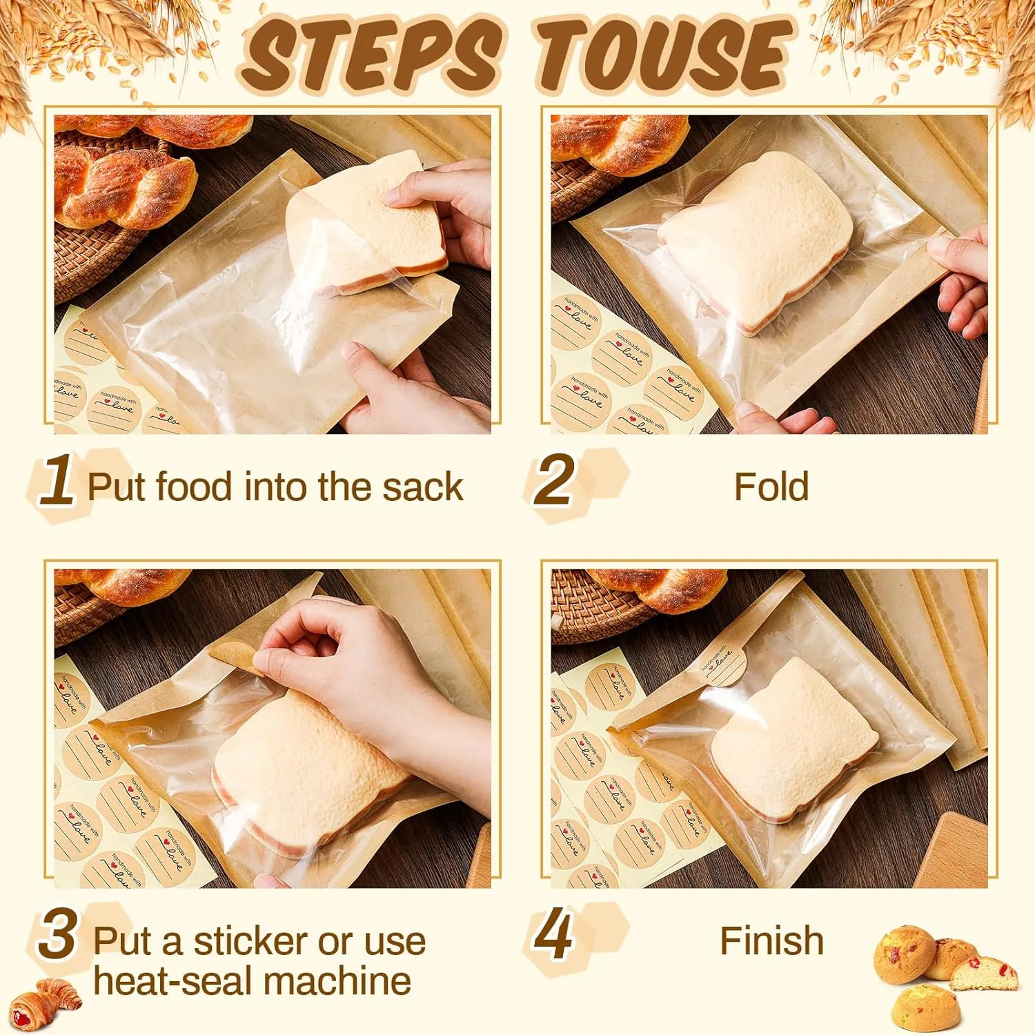 Outus 200 Pcs Heat Sealable Cookie Bags with Window Grease Resistant Kraft Bakery Pastry Bags with Paper Stickers for Packaging Donut Bread Cookie Goods Sandwich Baked Treat (7.1 x 7.5 Inch)
