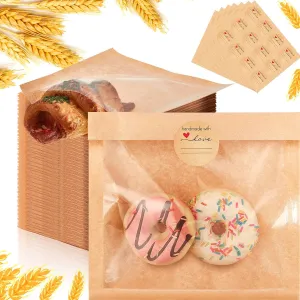 Outus 200 Pcs Heat Sealable Cookie Bags with Window Grease Resistant Kraft Bakery Pastry Bags with Paper Stickers for Packaging Donut Bread Cookie Goods Sandwich Baked Treat (7.1 x 7.5 Inch)