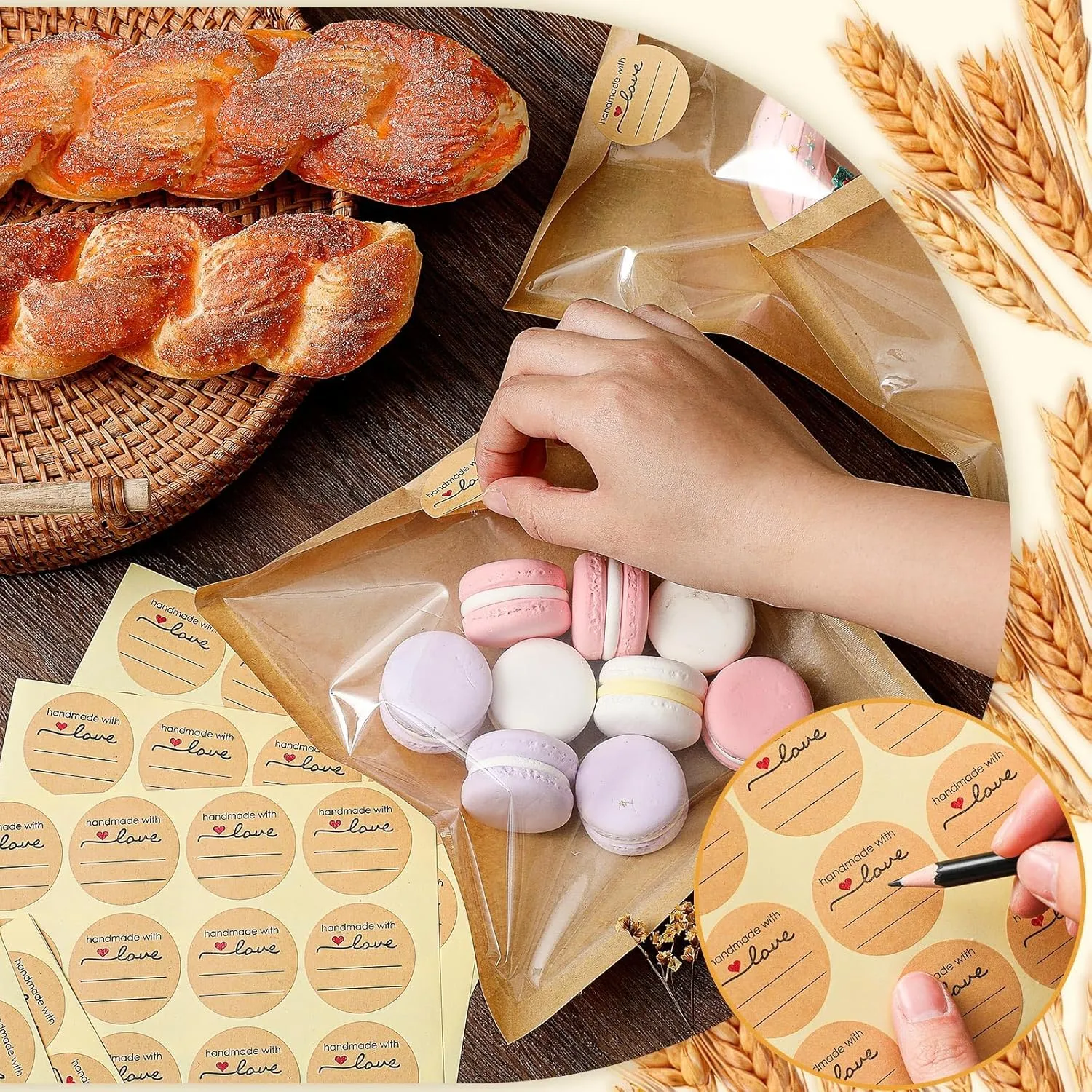 Outus 200 Pcs Heat Sealable Cookie Bags with Window Grease Resistant Kraft Bakery Pastry Bags with Paper Stickers for Packaging Donut Bread Cookie Goods Sandwich Baked Treat (7.1 x 7.5 Inch)