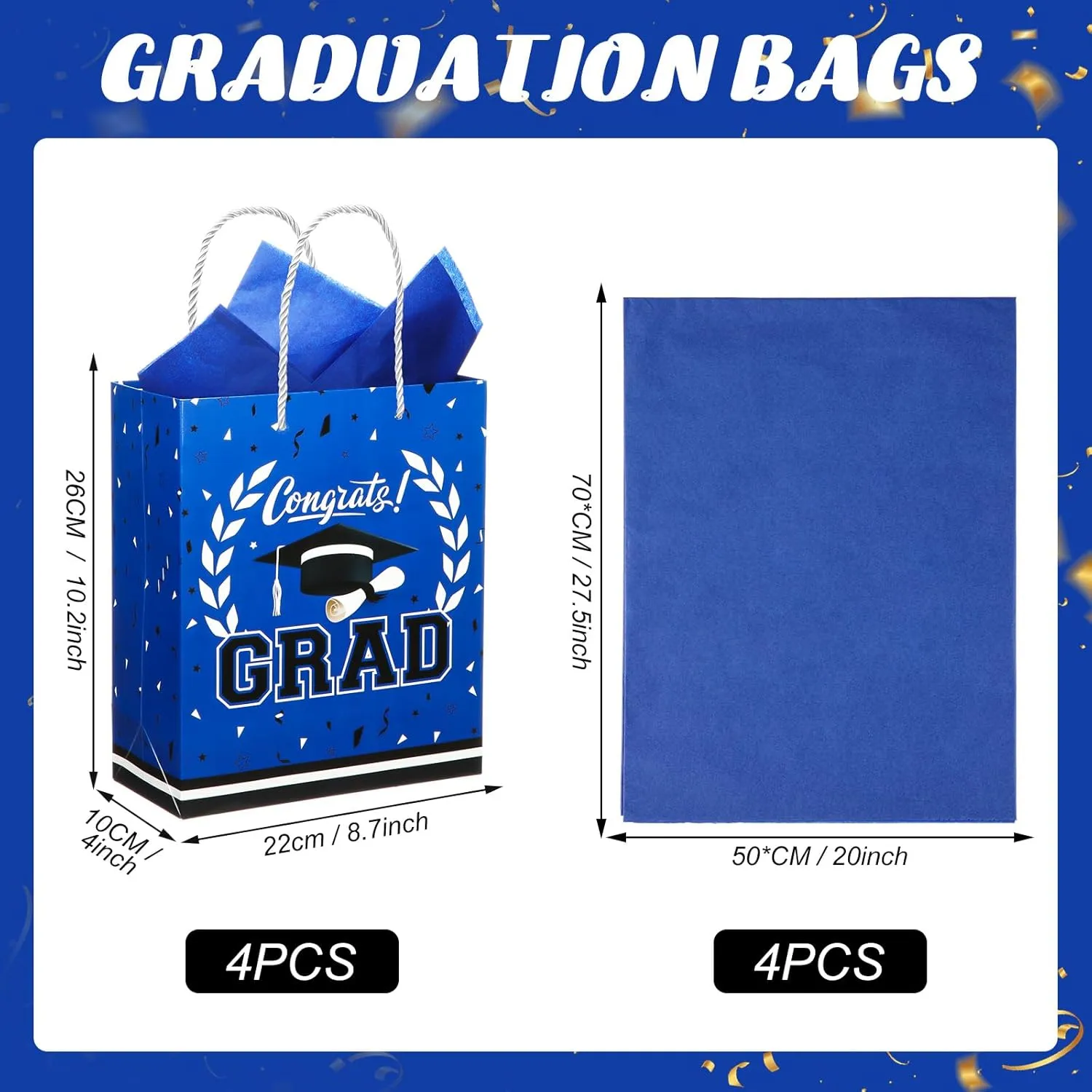 Outus 4 Pack Large Graduation Gift Bag with Tissue Paper, Congrats Gift Bag with Handle for Gifts 2025 Graduation Party Favors for College, High School, Nursing School(Blue)