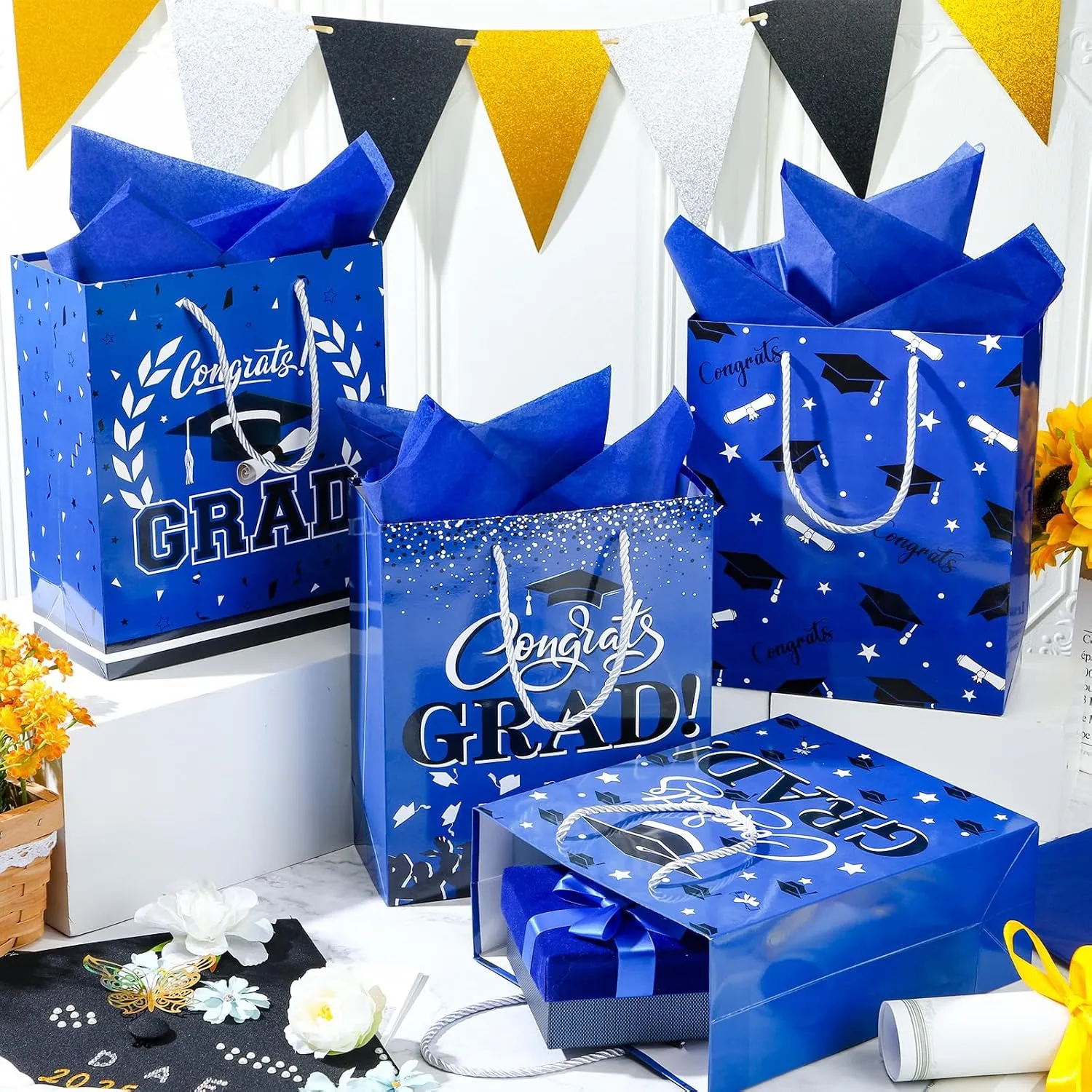 Outus 4 Pack Large Graduation Gift Bag with Tissue Paper, Congrats Gift Bag with Handle for Gifts 2025 Graduation Party Favors for College, High School, Nursing School(Blue)