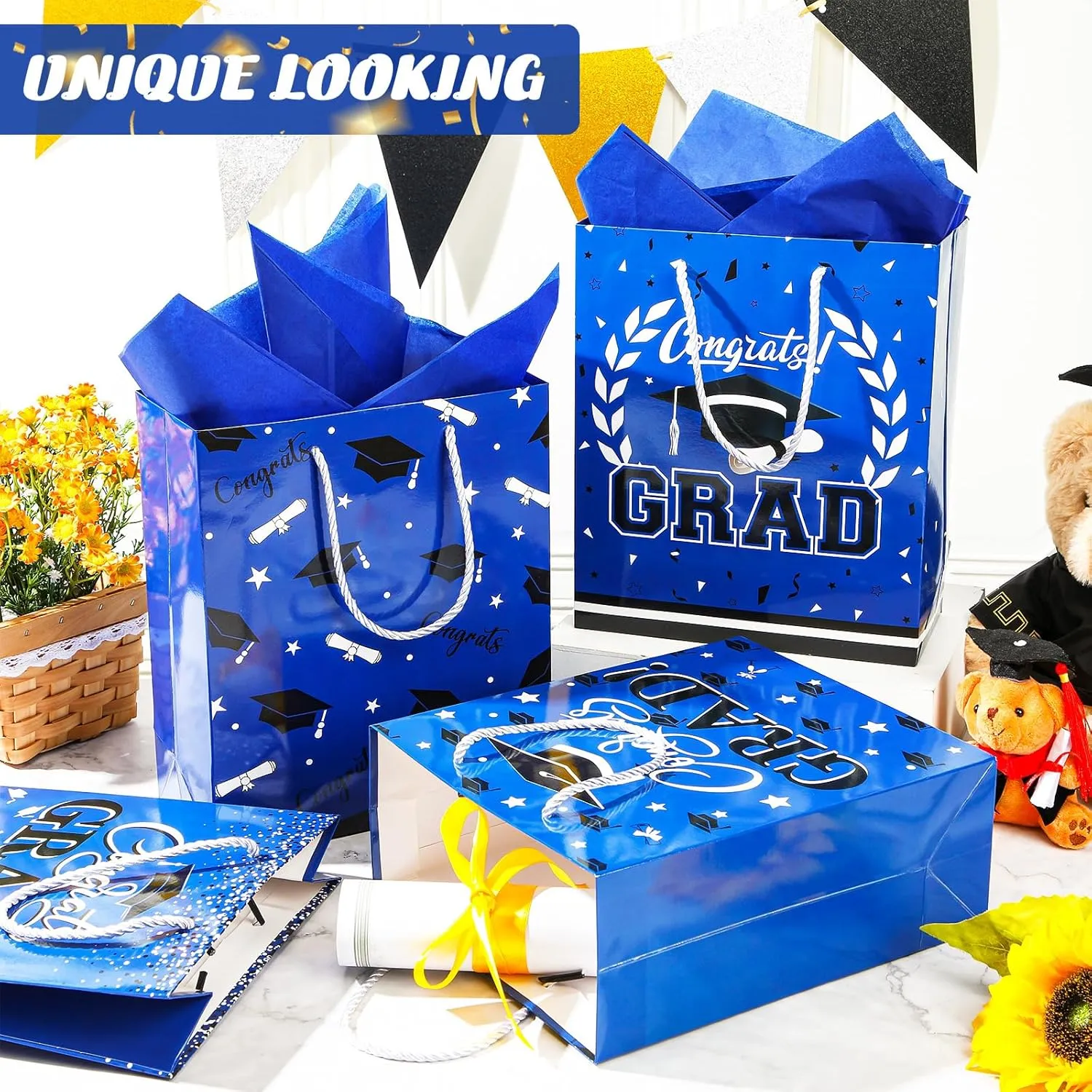 Outus 4 Pack Large Graduation Gift Bag with Tissue Paper, Congrats Gift Bag with Handle for Gifts 2025 Graduation Party Favors for College, High School, Nursing School(Blue)