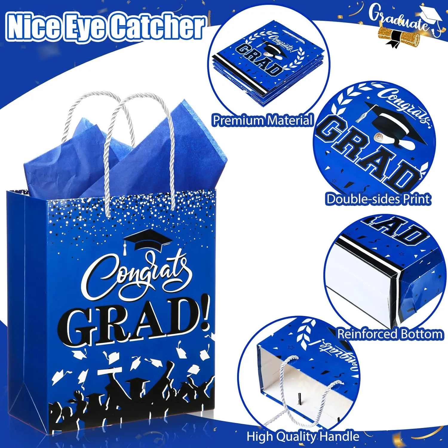 Outus 4 Pack Large Graduation Gift Bag with Tissue Paper, Congrats Gift Bag with Handle for Gifts 2025 Graduation Party Favors for College, High School, Nursing School(Blue)