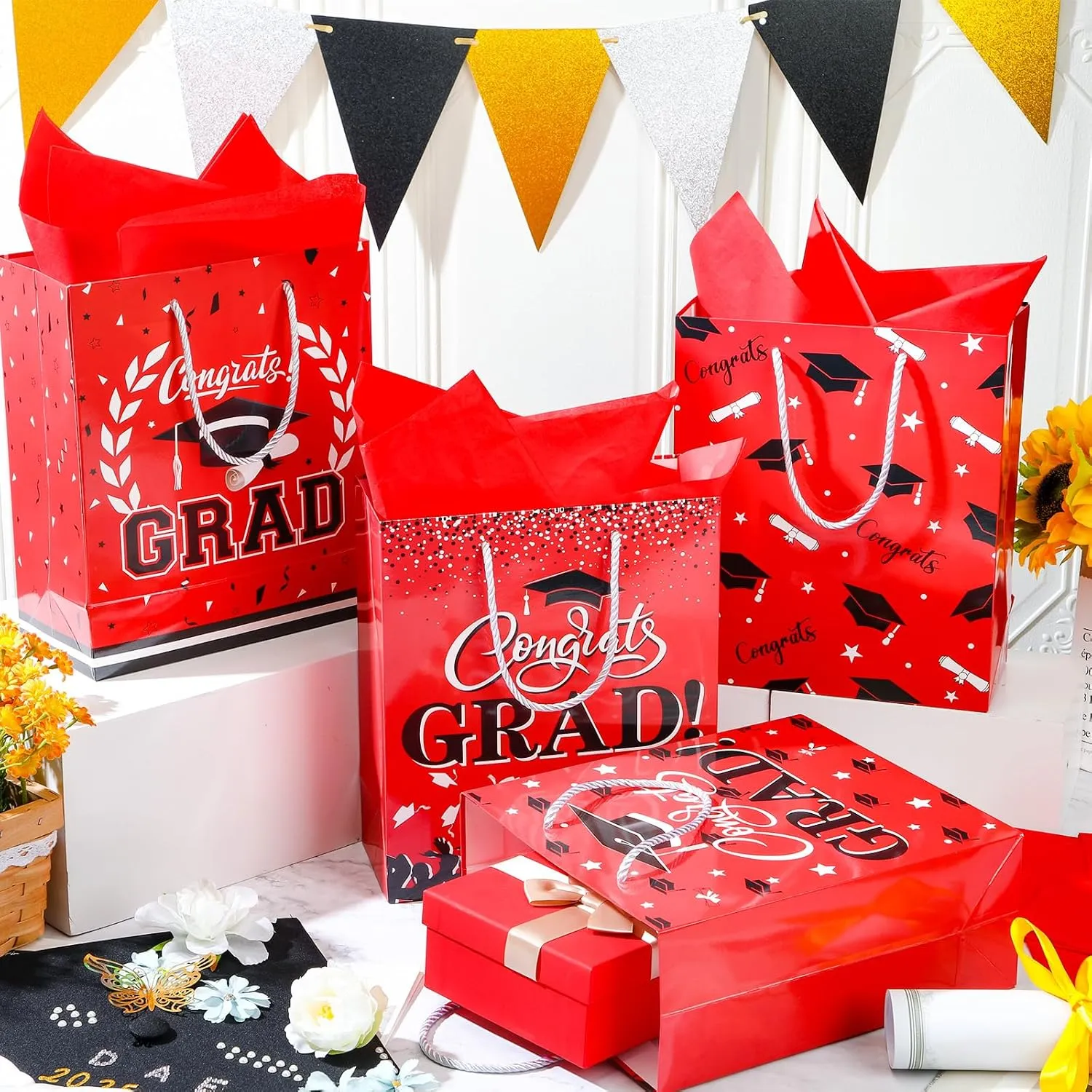 Outus 4 Pack Large Graduation Gift Bag with Tissue Paper, Congrats Gift Bag with Handle for Gifts 2025 Graduation Party Favors for College, High School, Nursing School(Red)