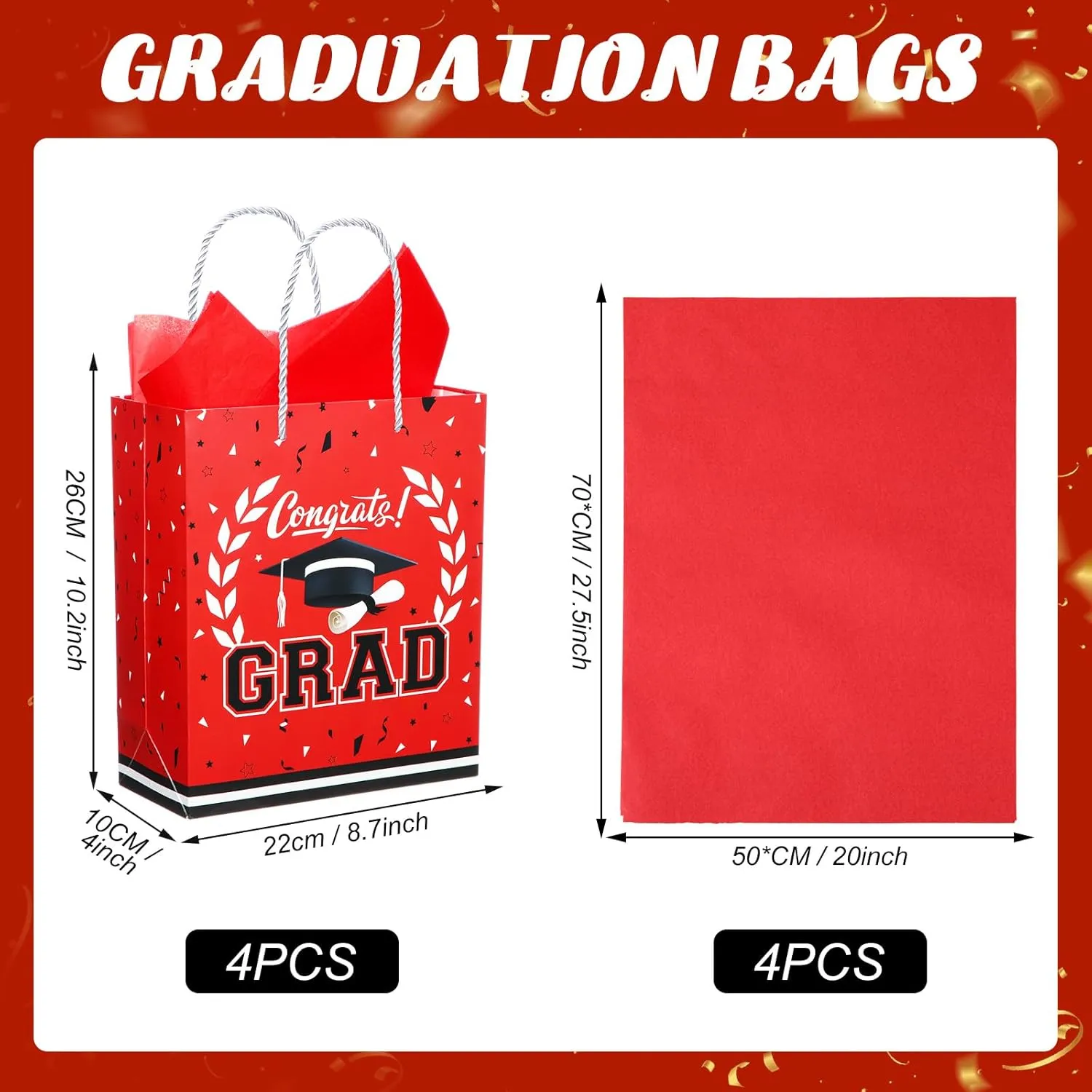 Outus 4 Pack Large Graduation Gift Bag with Tissue Paper, Congrats Gift Bag with Handle for Gifts 2025 Graduation Party Favors for College, High School, Nursing School(Red)