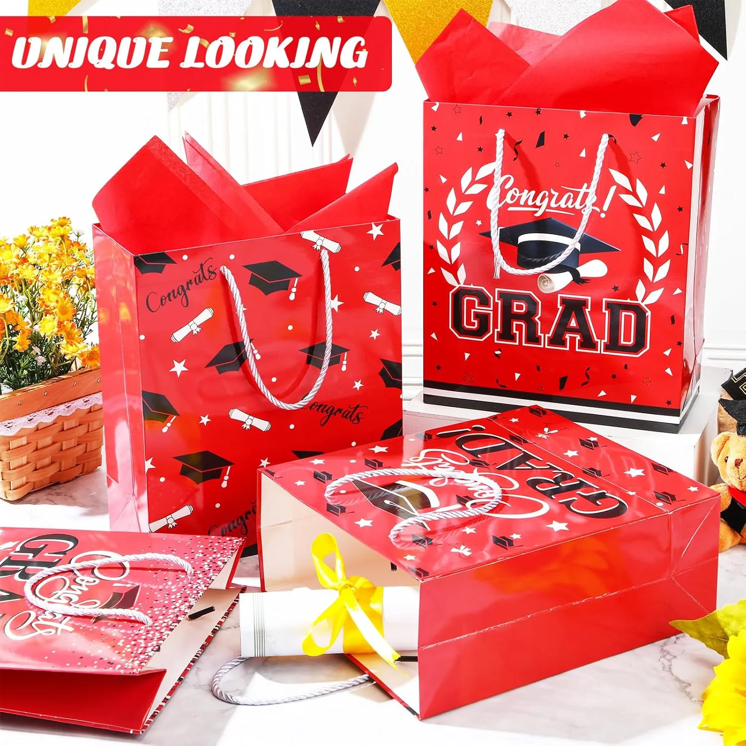 Outus 4 Pack Large Graduation Gift Bag with Tissue Paper, Congrats Gift Bag with Handle for Gifts 2025 Graduation Party Favors for College, High School, Nursing School(Red)