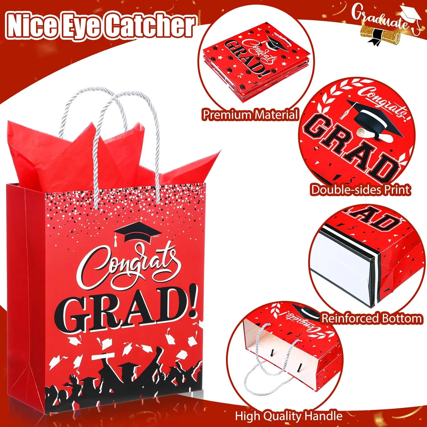 Outus 4 Pack Large Graduation Gift Bag with Tissue Paper, Congrats Gift Bag with Handle for Gifts 2025 Graduation Party Favors for College, High School, Nursing School(Red)