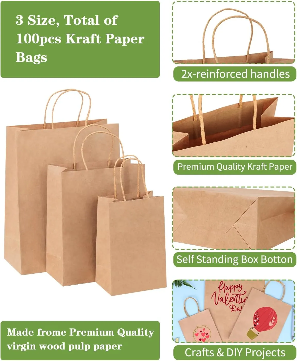 OUTUXED 100pc Brown Paper Bags with Handles Bulk Brown Gift Bags - Assorted Sizes for Party, Retail & Business Use, Birthday,Weeding, Baby Shower