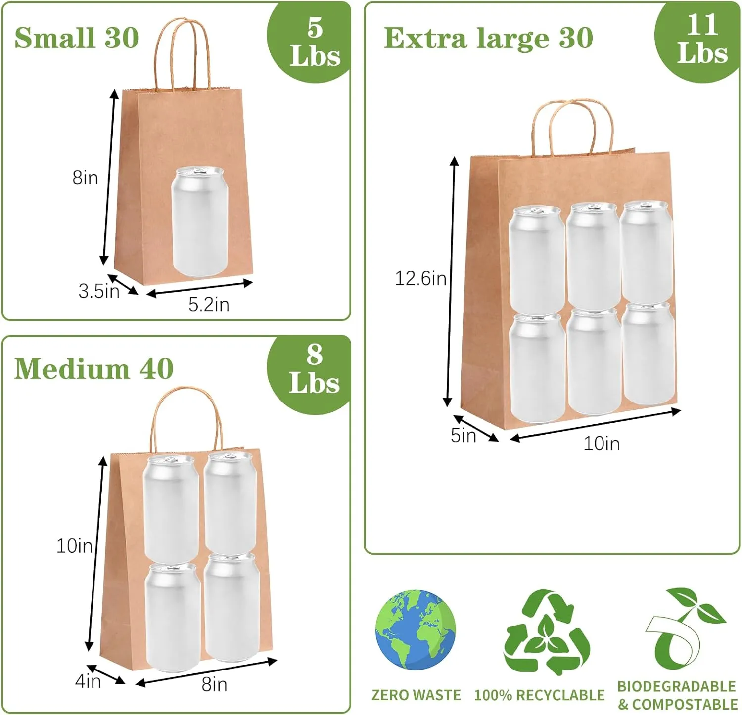 OUTUXED 100pc Brown Paper Bags with Handles Bulk Brown Gift Bags - Assorted Sizes for Party, Retail & Business Use, Birthday,Weeding, Baby Shower