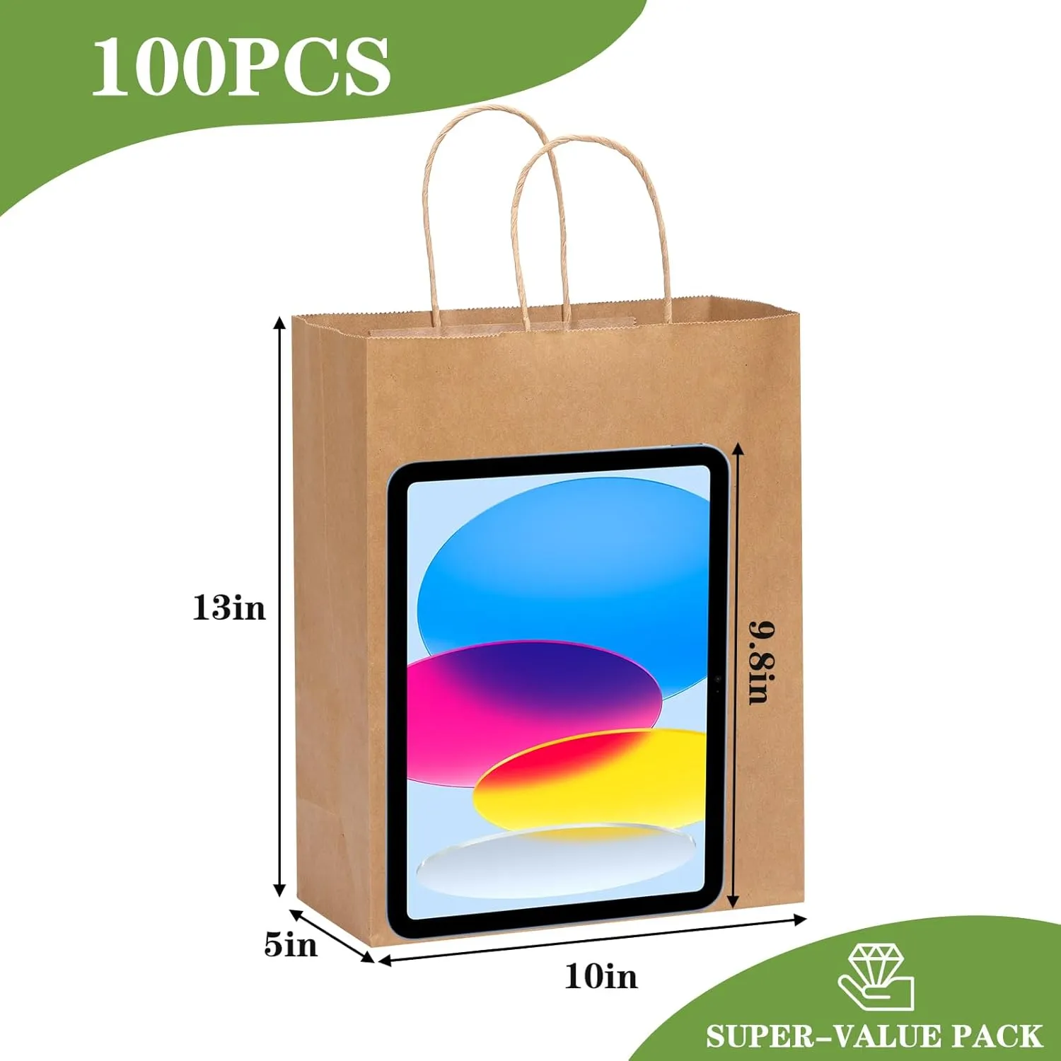 OUTUXED 100pcs Brown Paper Bags 10x5x13in Kraft Large Paper Gift Bags with Handles Bulk for Business, Shopping, Grocery, Retail, Birthday Wedding Party Favor, Merchandise