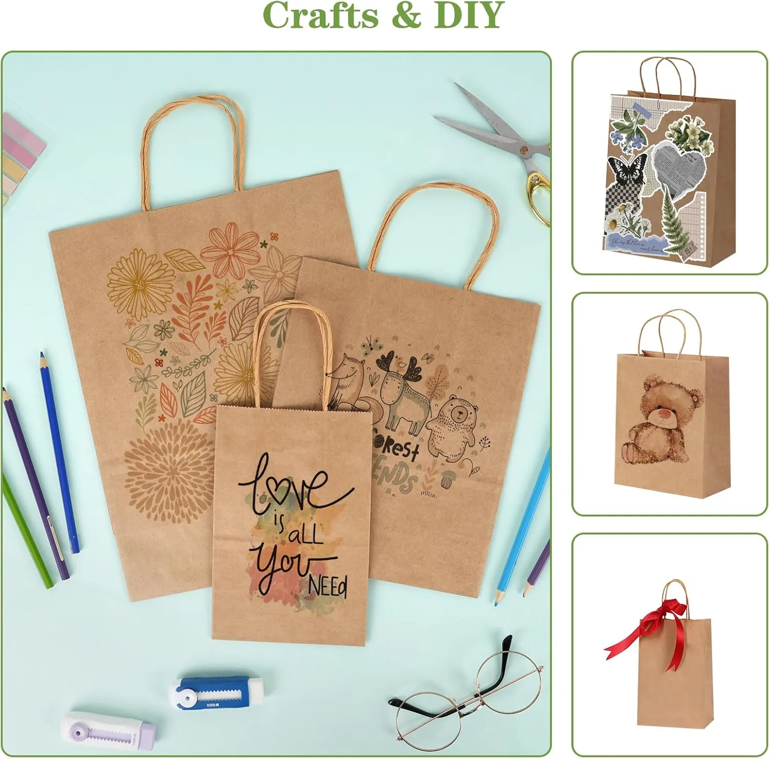 OUTUXED 120pcs Paper Bags with Handles Assorted Sizes Kraft Brown Paper Gift Bags Bulk 3 Mixed Sizes for Retail, Party, Birthday, Gift, Shopping, Business, Merchandise
