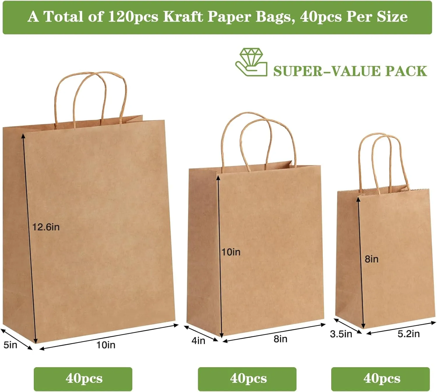 OUTUXED 120pcs Paper Bags with Handles Assorted Sizes Kraft Brown Paper Gift Bags Bulk 3 Mixed Sizes for Retail, Party, Birthday, Gift, Shopping, Business, Merchandise