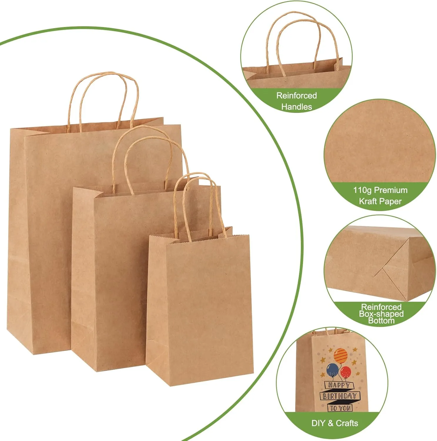 OUTUXED 120pcs Paper Bags with Handles Assorted Sizes Kraft Brown Paper Gift Bags Bulk 3 Mixed Sizes for Retail, Party, Birthday, Gift, Shopping, Business, Merchandise