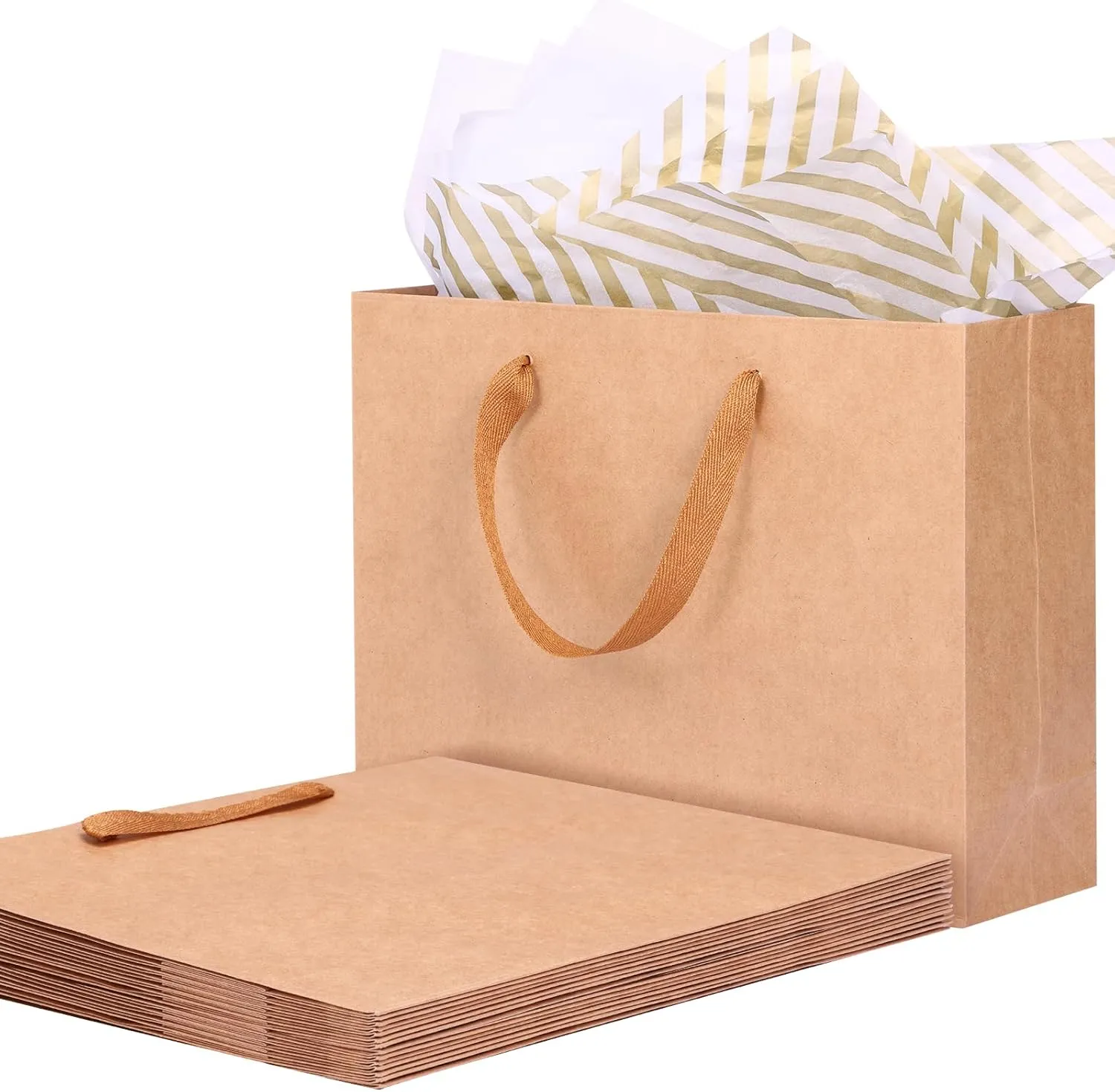 OUTUXED 15pc Brown Gift Bags With Handles Heavy Duty Kraft Brown Gift Bags with Tissue & Ribbon Handles, 12.5x4.5x11Inch Large - For Party, Birthday, Retail & Business,Mother's Day,Various Festivals