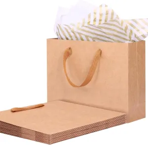 OUTUXED 15pc Brown Gift Bags With Handles Heavy Duty Kraft Brown Gift Bags with Tissue & Ribbon Handles, 12.5x4.5x11Inch Large - For Party, Birthday, Retail & Business,Mother's Day,Various Festivals