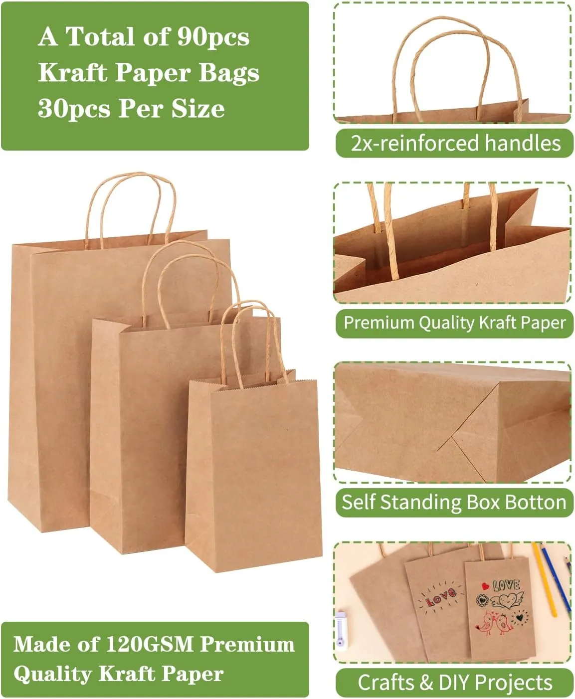 OUTUXED 90pcs Brown Kraft Paper Bags with Handles Assorted Sizes Each Size 30pcs Paper Gift Bags with Handles Bulk,For Retail, Grocery, Wedding, Mother's Day