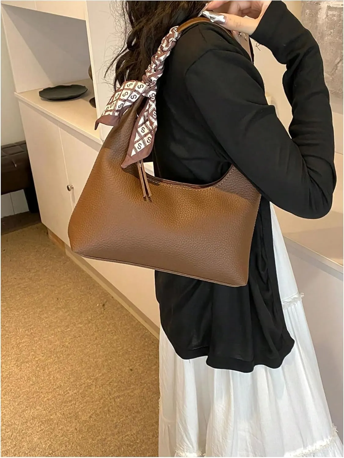 OYOANGLE Women's Minimalist Leather Shoulder Bags Retro Zipper Top Handle Handbags Casual Square Hobo Bags