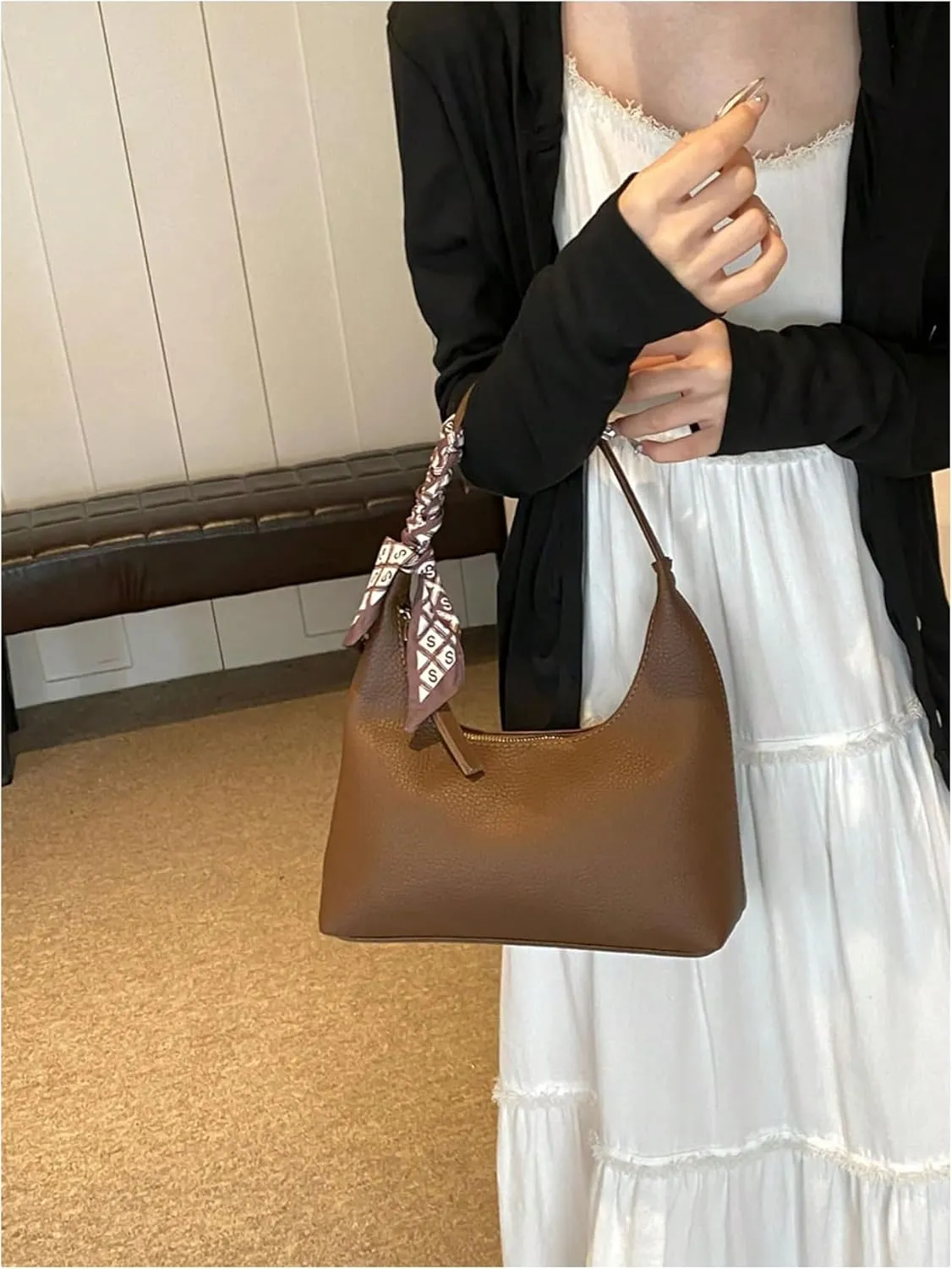 OYOANGLE Women's Minimalist Leather Shoulder Bags Retro Zipper Top Handle Handbags Casual Square Hobo Bags
