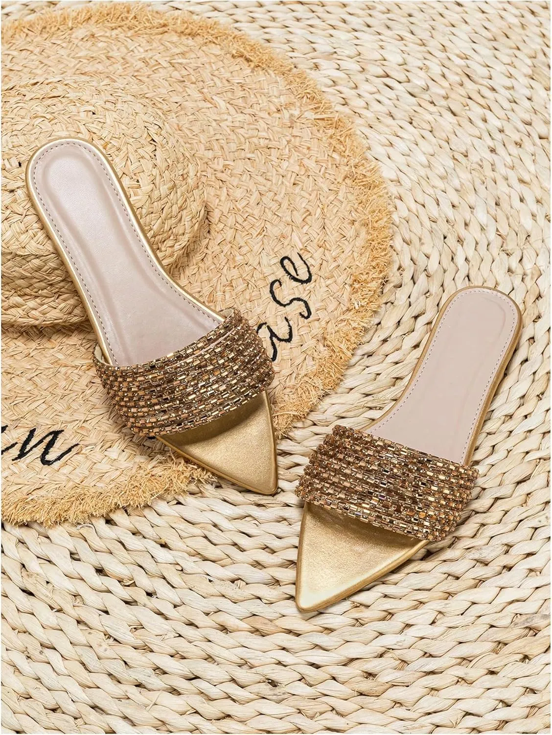 OYOANGLE Women's Rhinestone Pointed Open Toe Sandals Leather Sparkly Single Band Elegant Slide Sandals