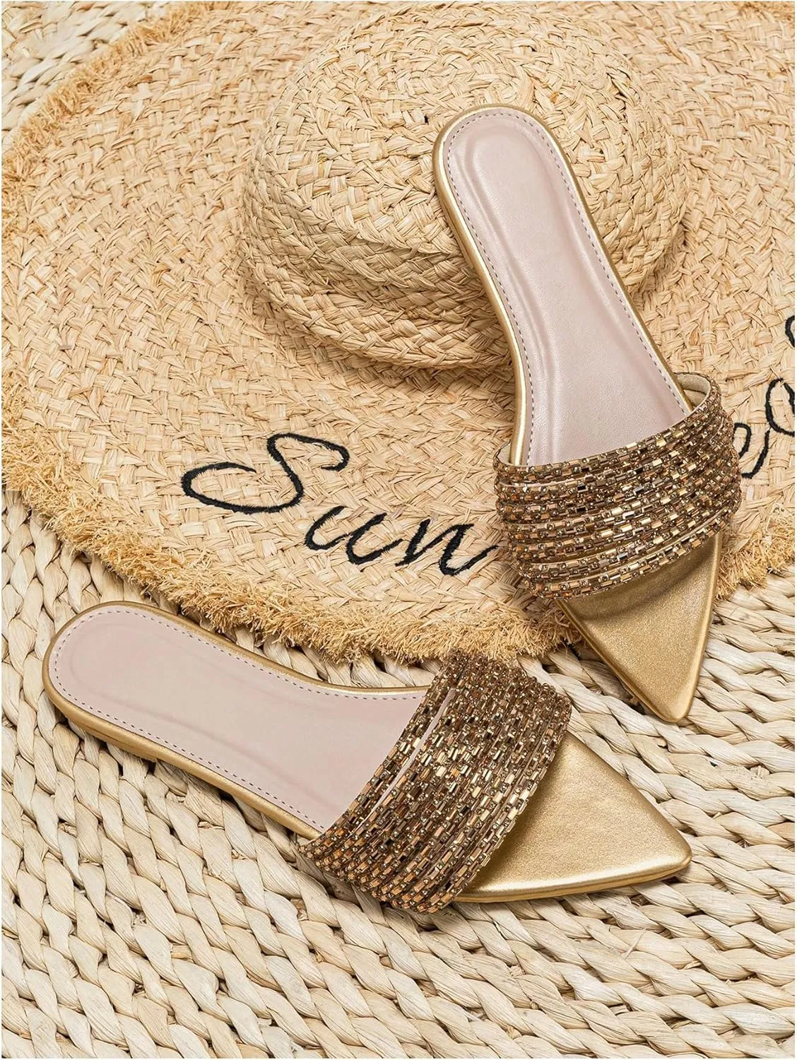 OYOANGLE Women's Rhinestone Pointed Open Toe Sandals Leather Sparkly Single Band Elegant Slide Sandals