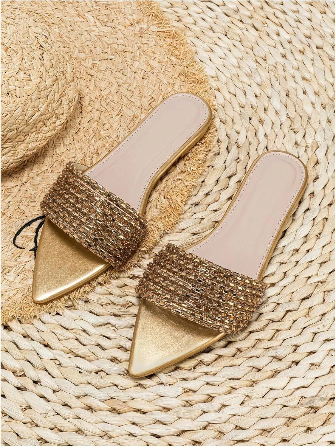 OYOANGLE Women's Rhinestone Pointed Open Toe Sandals Leather Sparkly Single Band Elegant Slide Sandals