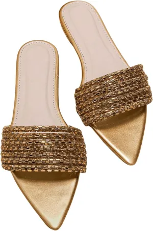 OYOANGLE Women's Rhinestone Pointed Open Toe Sandals Leather Sparkly Single Band Elegant Slide Sandals