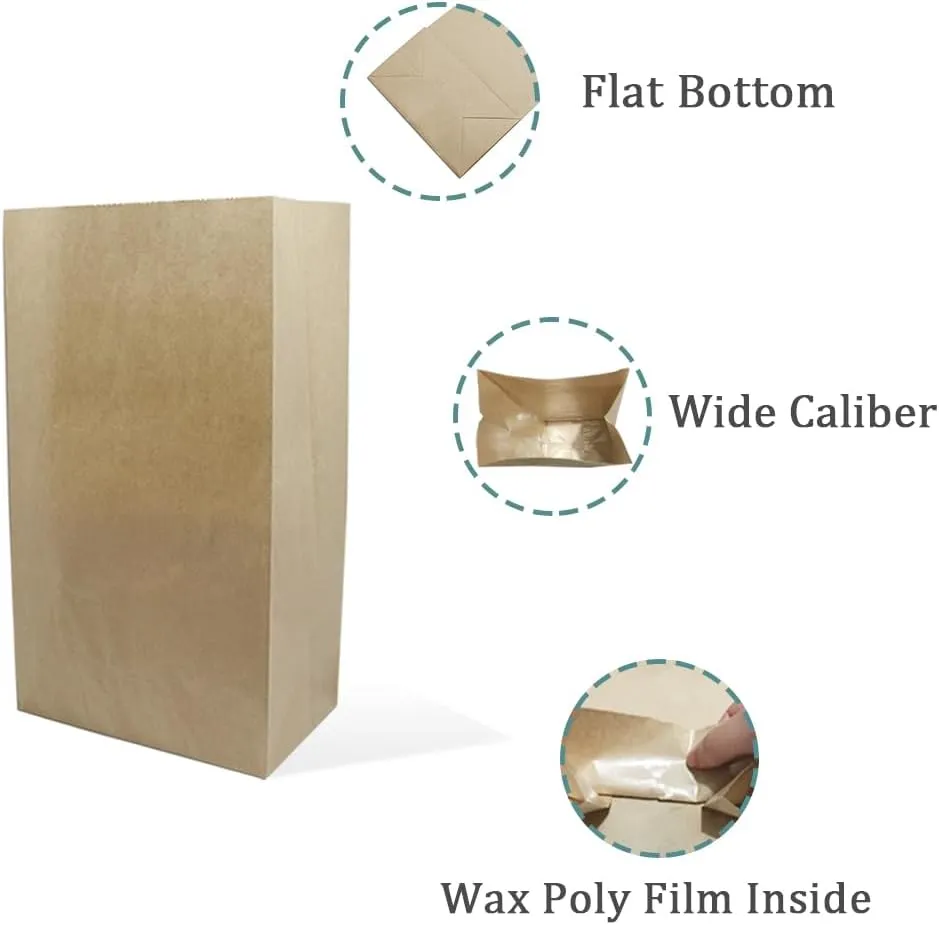 PABCK Flat Bottom Brown Kraft Paper Wax Bags for Home Kitchen Food Storage Containers Sets Take Out Lunch Dinner Bread Sandwich Snack Packaging Bag Craft Organizer 50 Pcs 5.9x3.5x10.6 inch (15x9x27cm)
