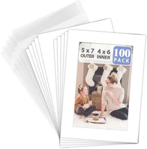 Pack of 100 5x7 WHITE Picture Mats Mattes with White Core Bevel Cut for 4x6 Photo   Back   Bags