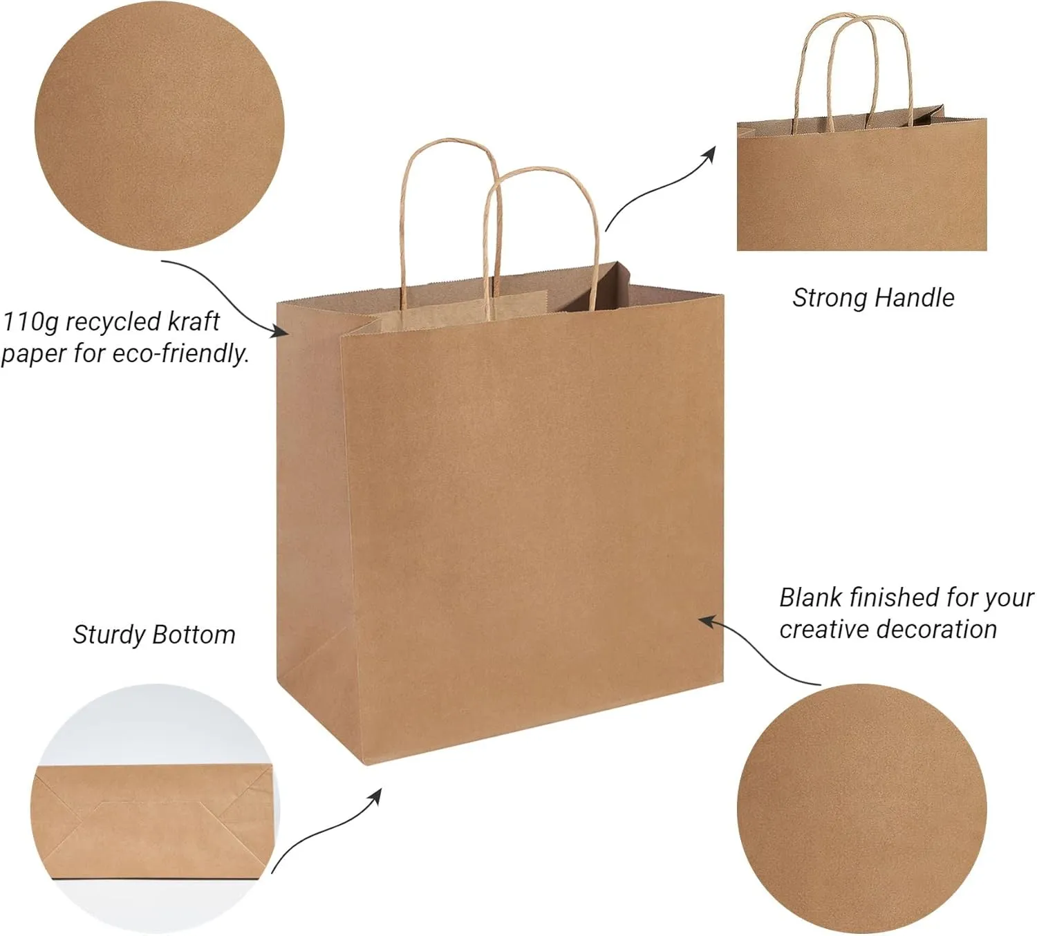 PAICUIKE 50Pcs Brown Paper Bags with Handles, Large 11x6x11 Inch Kraft Grocery Shopping & Retail Merchandise Bag, Gift Bags Bulk for Weddings, Parties, Baking