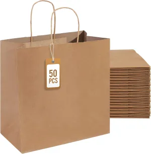PAICUIKE 50Pcs Brown Paper Bags with Handles, Large 11x6x11 Inch Kraft Grocery Shopping & Retail Merchandise Bag, Gift Bags Bulk for Weddings, Parties, Baking