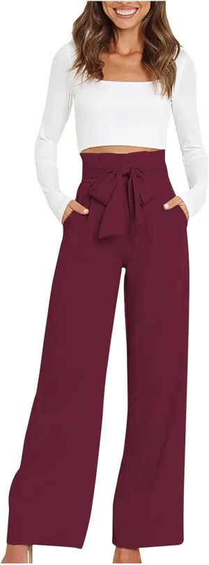 Paper Bag Pants Women High Waist Summer Casual Wide Leg Palazzo Pant Elegant Belted Long Trousers with Pockets