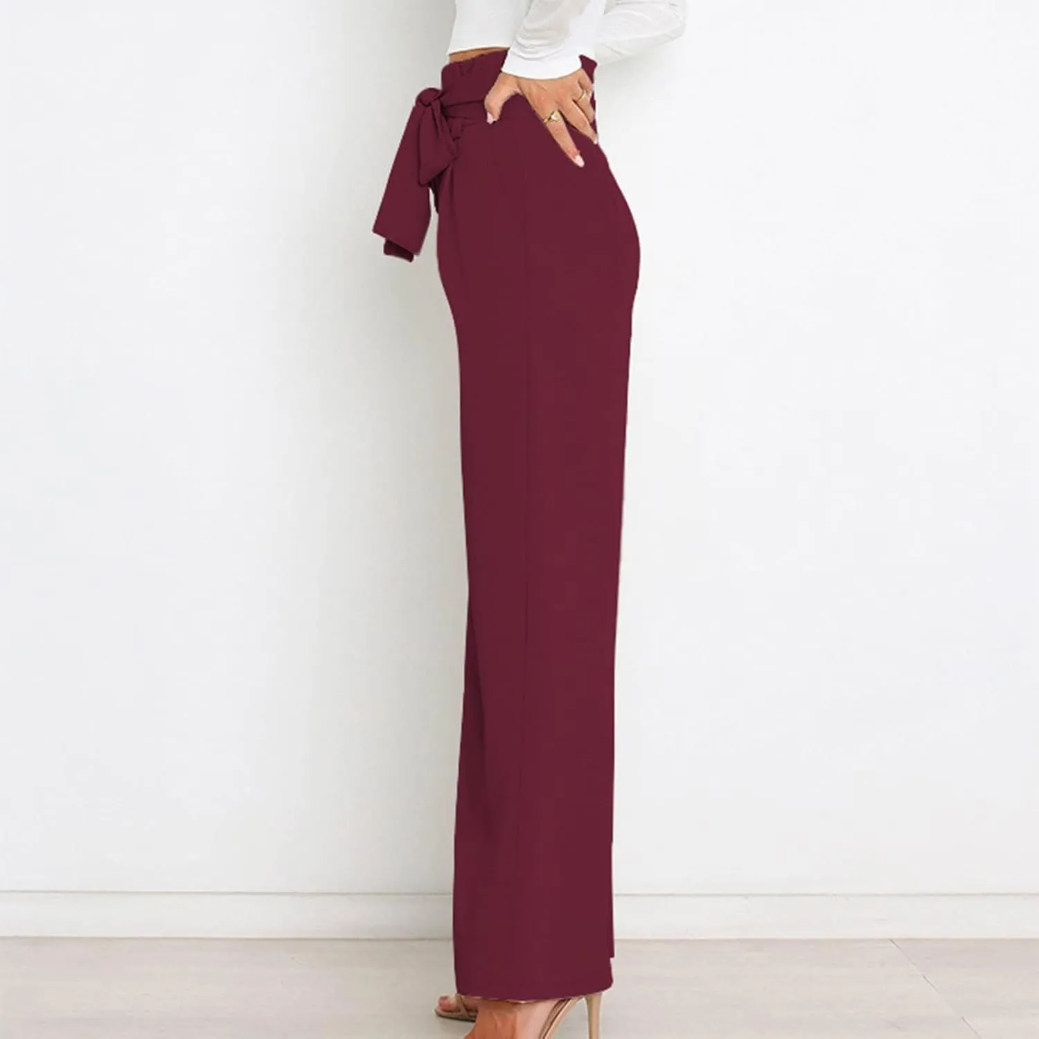 Paper Bag Pants Women High Waist Summer Casual Wide Leg Palazzo Pant Elegant Belted Long Trousers with Pockets