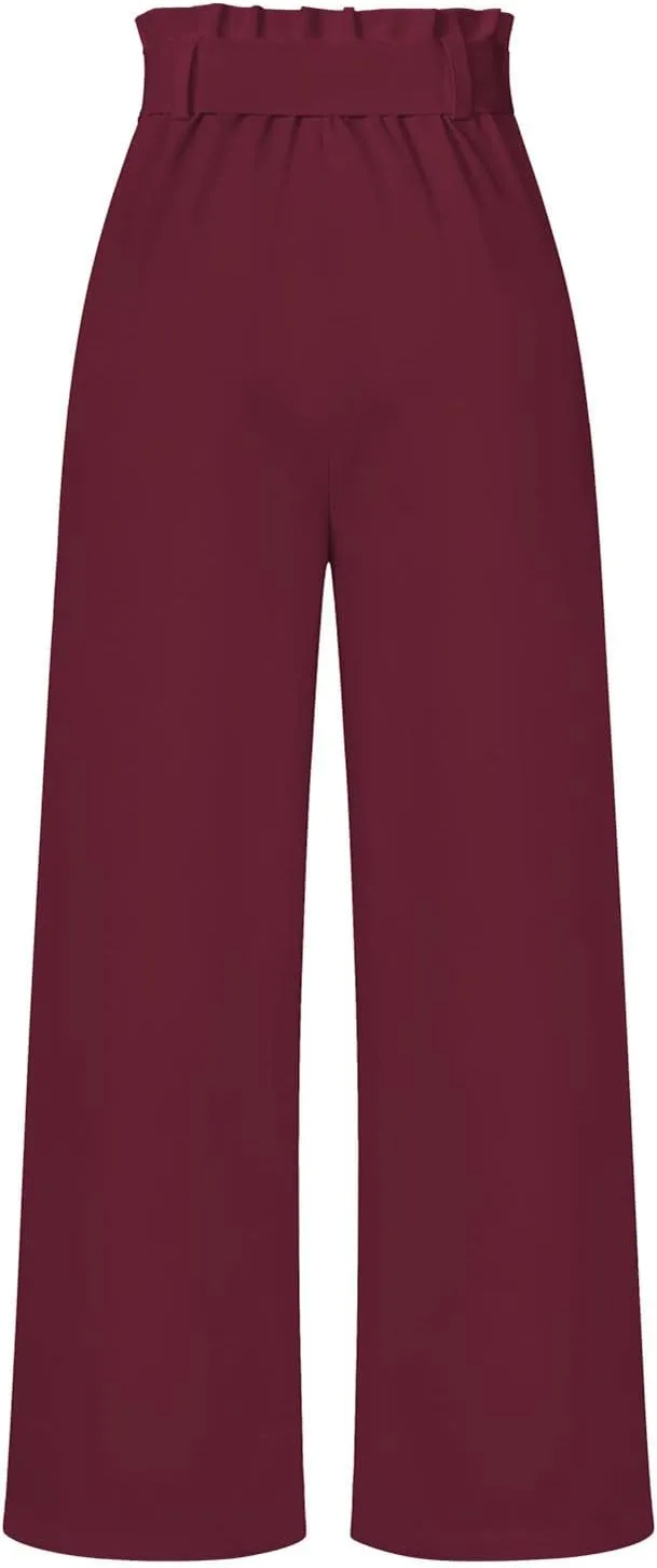 Paper Bag Pants Women High Waist Summer Casual Wide Leg Palazzo Pant Elegant Belted Long Trousers with Pockets