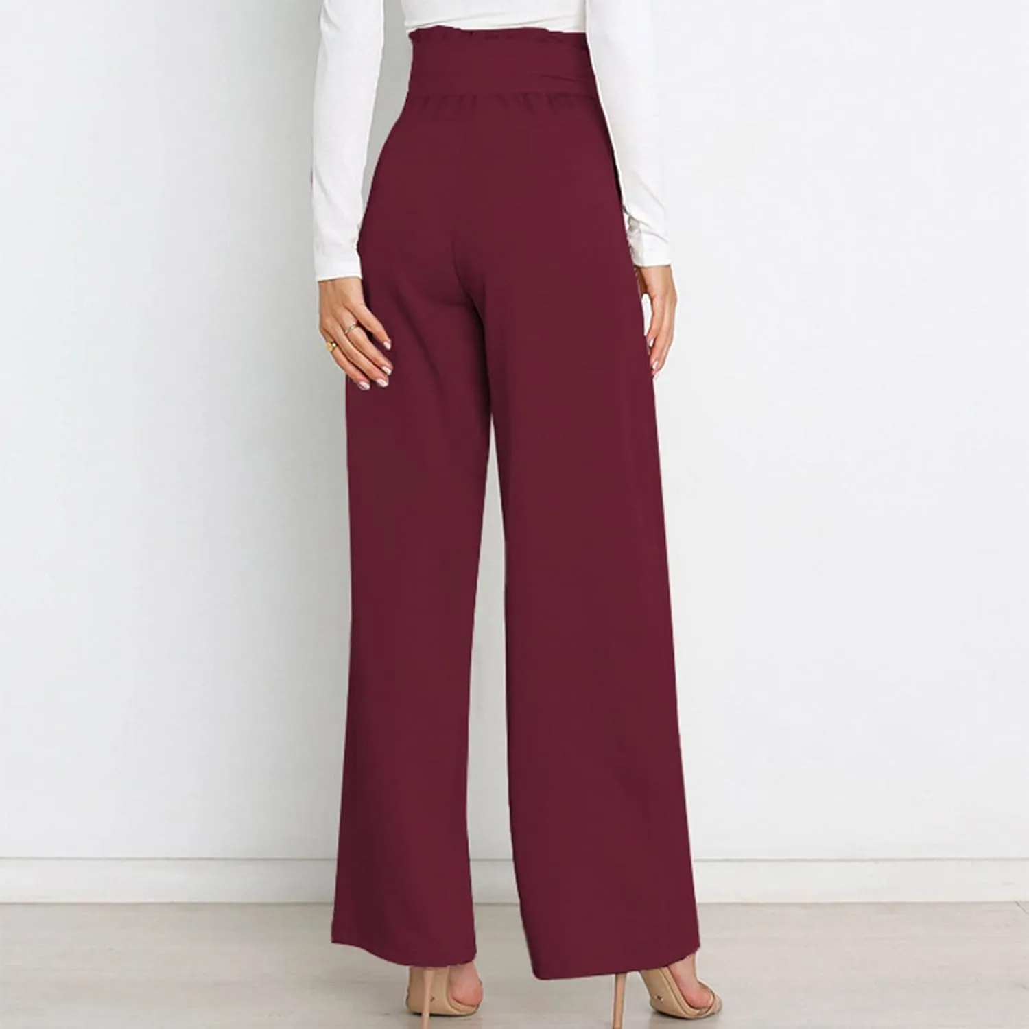 Paper Bag Pants Women High Waist Summer Casual Wide Leg Palazzo Pant Elegant Belted Long Trousers with Pockets