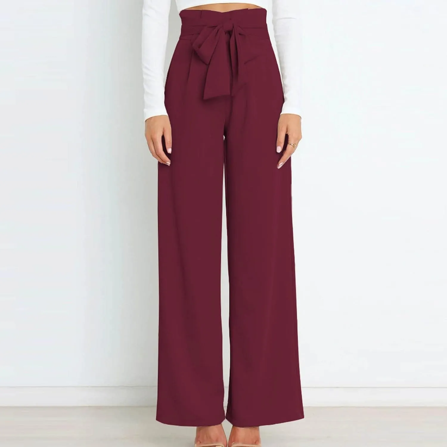 Paper Bag Pants Women High Waist Summer Casual Wide Leg Palazzo Pant Elegant Belted Long Trousers with Pockets