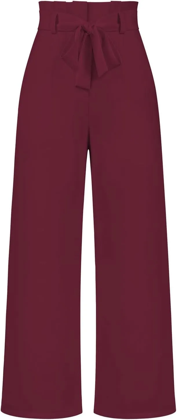 Paper Bag Pants Women High Waist Summer Casual Wide Leg Palazzo Pant Elegant Belted Long Trousers with Pockets