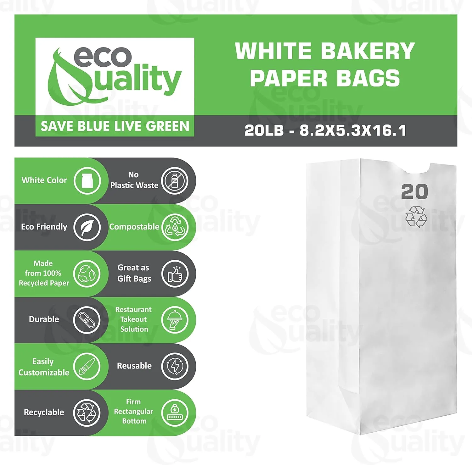 Paper Lunch Bags 20 Lb White Paper Bags 20LB Capacity - Kraft White Paper Bags, Bakery Bags, Candy Bags, Lunch Bags, Grocery Bags, Craft Bags - #20 Large Lunch Paper Bags / Kraft Paper Sacks by EcoQuality (100, #20 - 20LB)