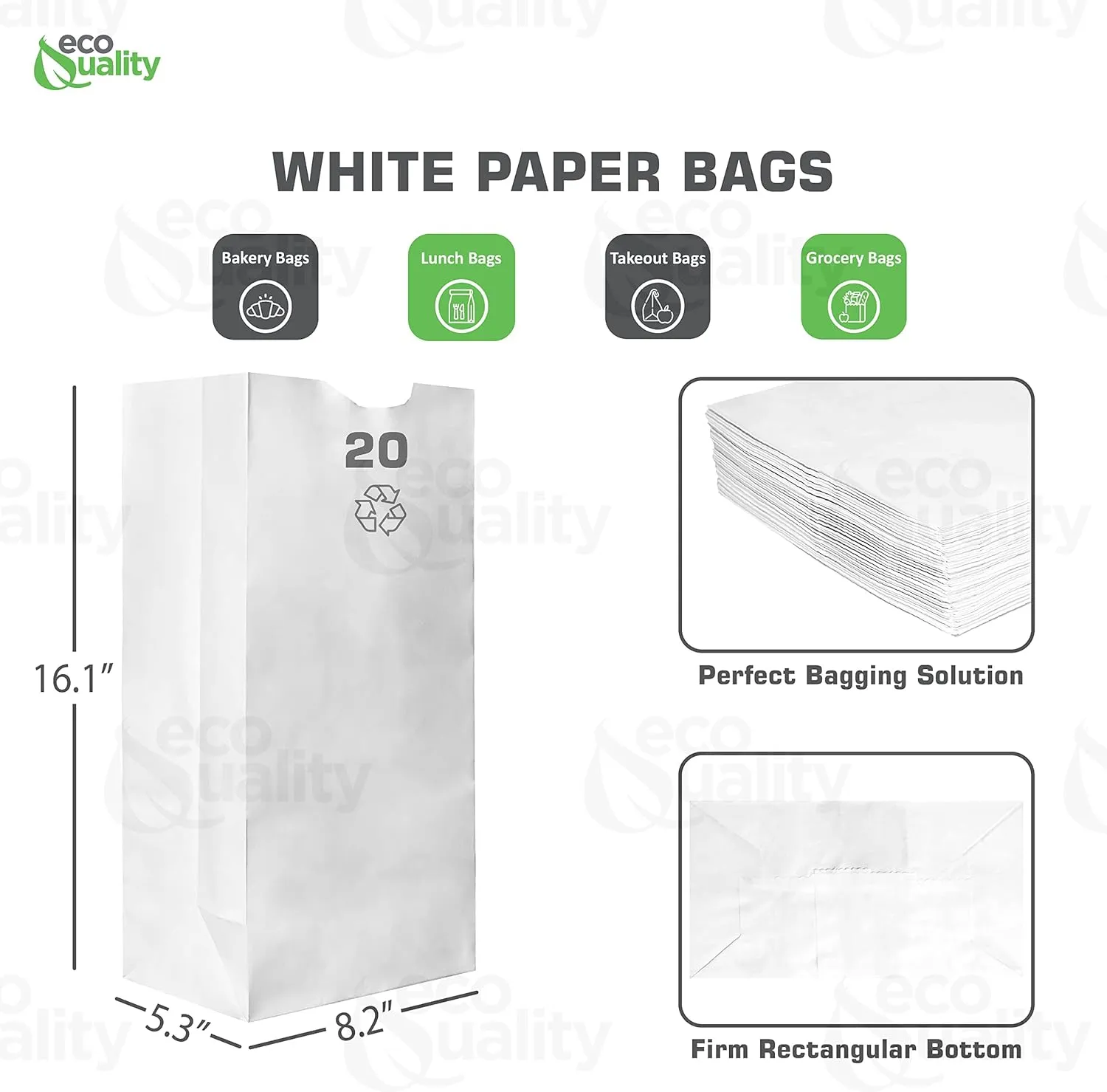 Paper Lunch Bags 20 Lb White Paper Bags 20LB Capacity - Kraft White Paper Bags, Bakery Bags, Candy Bags, Lunch Bags, Grocery Bags, Craft Bags - #20 Large Lunch Paper Bags / Kraft Paper Sacks by EcoQuality (100, #20 - 20LB)