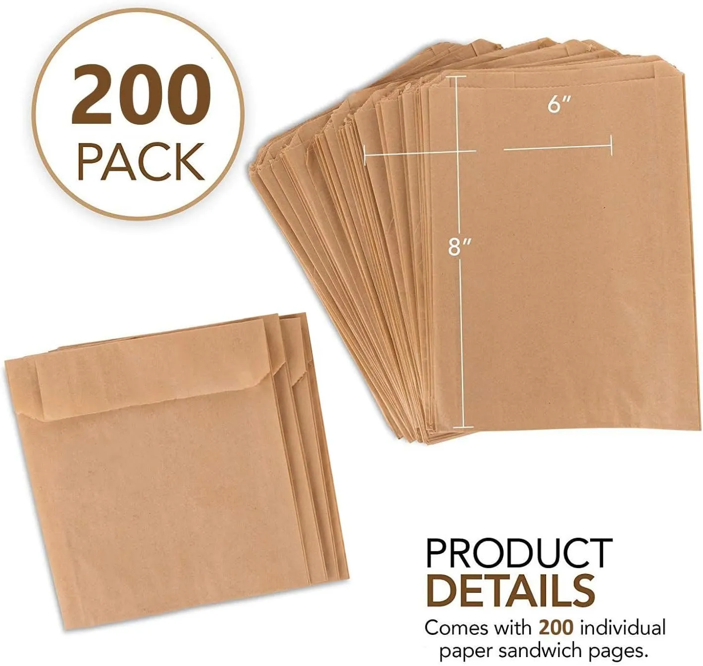 Paper Sandwich Bags Kraft Brown 200 Pack - Biodegradable and Compostable Food Grade Paper Bags - Unbleached Natural Kraft Paper Stock Bags for Bakery Cookies, Treats, Snacks, Sandwiches