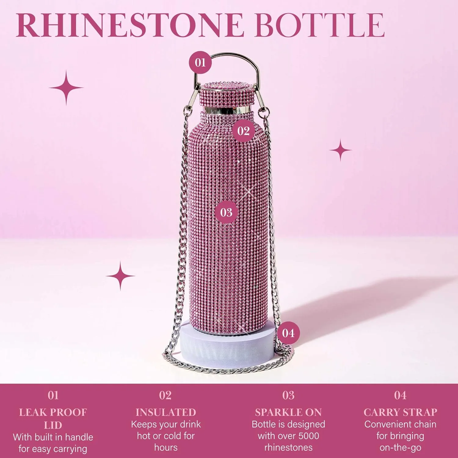 Paris Hilton Diamond Bling Water Bottle With Lid And Removable Carrying Strap, Stainless Steel Vacuum Insulated, Bedazzled With Over 5000 Rhinestones, 25-Ounce, Ombre Pink to Silver