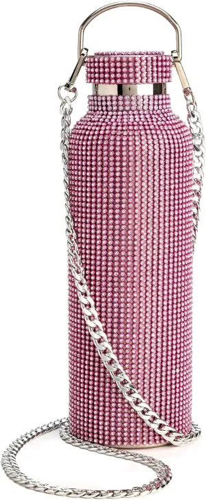 Paris Hilton Diamond Bling Water Bottle With Lid And Removable Carrying Strap, Stainless Steel Vacuum Insulated, Bedazzled With Over 5000 Rhinestones, 25-Ounce, Ombre Pink to Silver