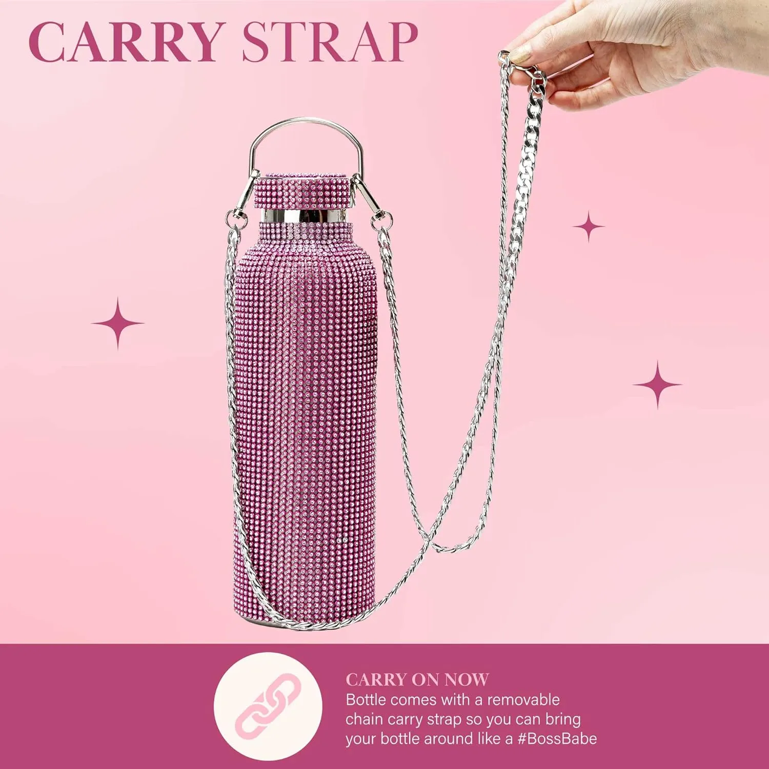 Paris Hilton Diamond Bling Water Bottle With Lid And Removable Carrying Strap, Stainless Steel Vacuum Insulated, Bedazzled With Over 5000 Rhinestones, 25-Ounce, Ombre Pink to Silver