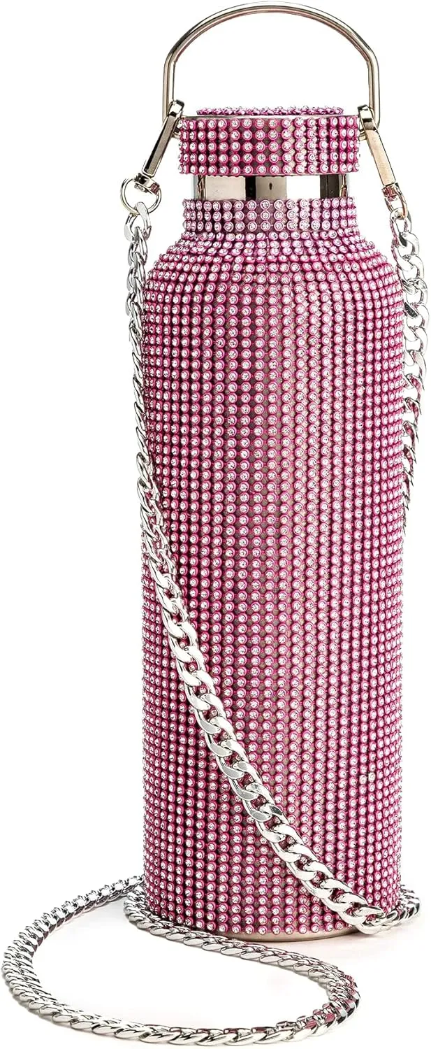 Paris Hilton Diamond Bling Water Bottle With Lid And Removable Carrying Strap, Stainless Steel Vacuum Insulated, Bedazzled With Over 5000 Rhinestones, 25-Ounce, Ombre Pink to Silver