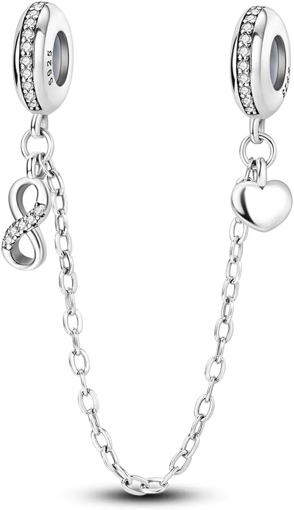 Parmuz 925 Sterling silver Safety Chain Charm Dangle Pendants Clip Beads for Bracelet Love Butterfly Evil Eye Stopper Spacer Charm for Woman